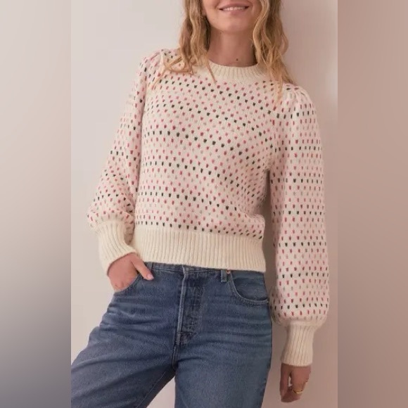 NEW Marine Layer Pink Alma Puff Sleeve Pink Red Heart Print Ivory Sweater Size M - Picture 2 of 12